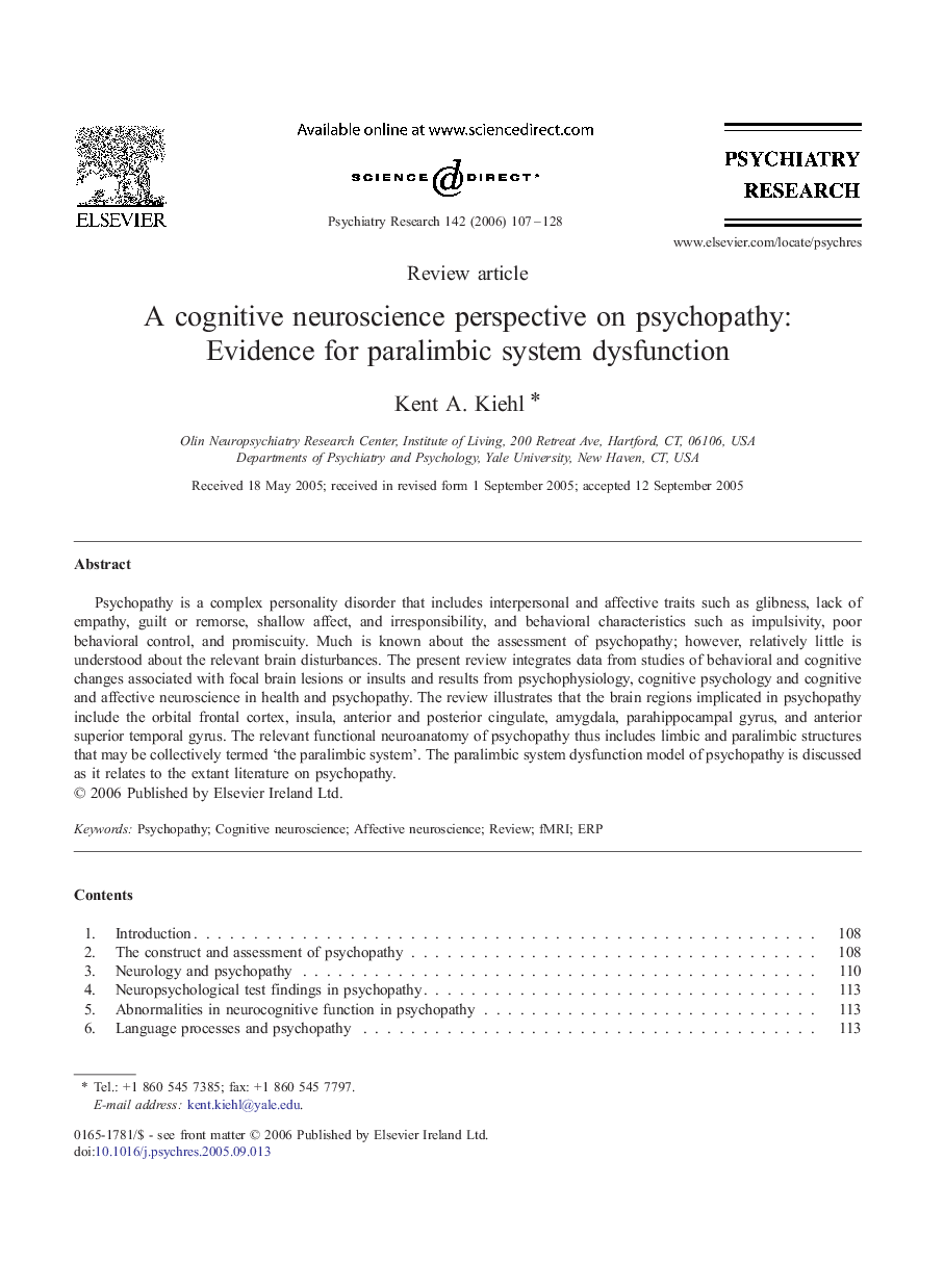 A cognitive neuroscience perspective on psychopathy: Evidence for paralimbic system dysfunction