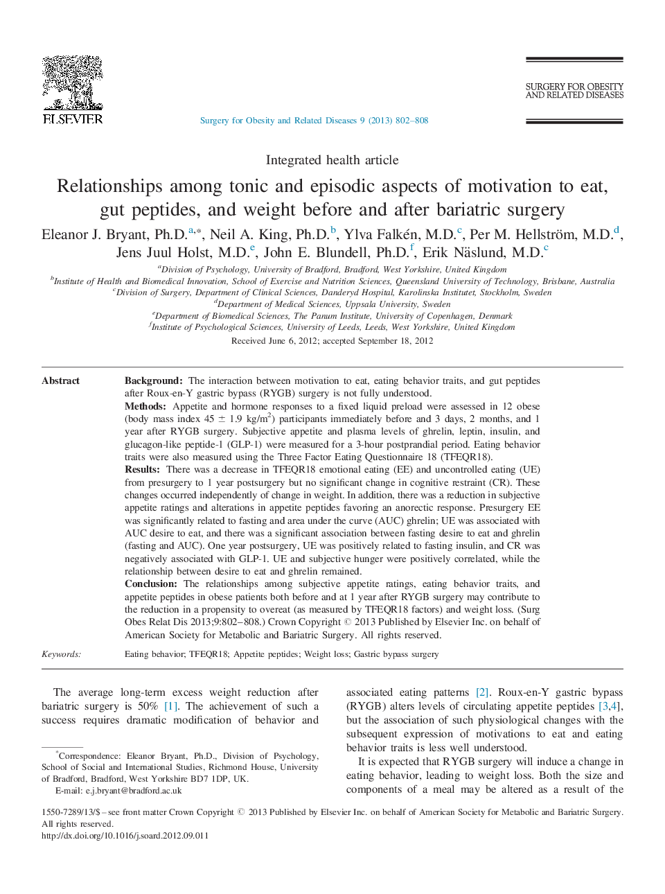 Relationships among tonic and episodic aspects of motivation to eat, gut peptides, and weight before and after bariatric surgery