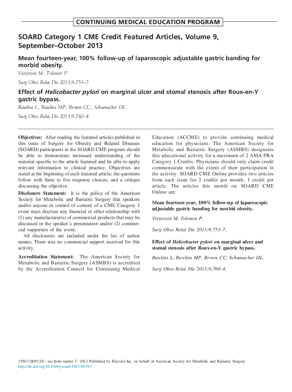 عکس صفحه اول مقاله: SOARD Category 1 CME Credit Featured Articles, Volume 9, September-October 2013 SOARD Category 1 CME Credit Featured Articles, Volume 9, September-October 2013