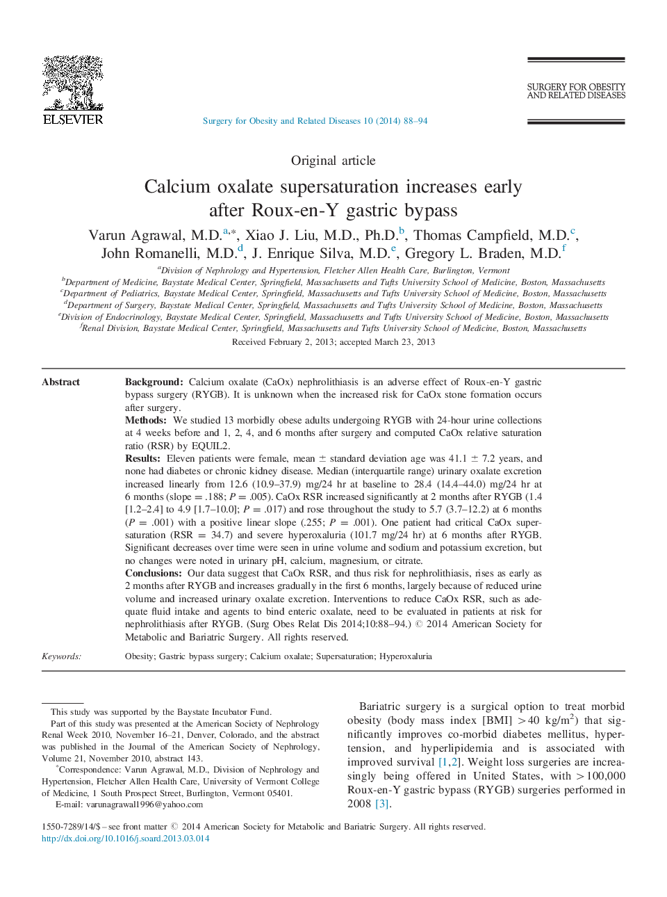 Calcium oxalate supersaturation increases early after Roux-en-Y gastric bypass