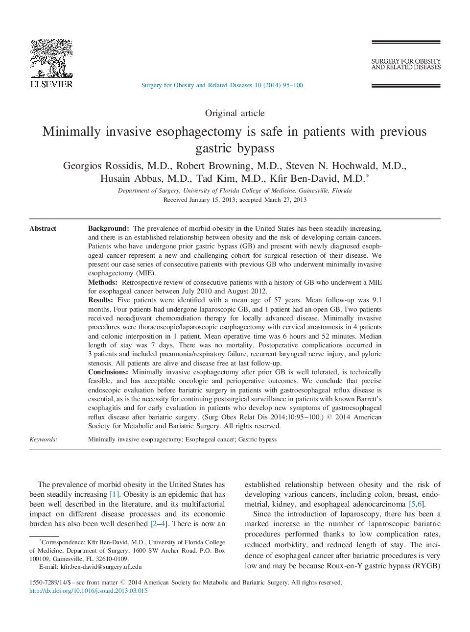 Minimally invasive esophagectomy is safe in patients with previous gastric bypass