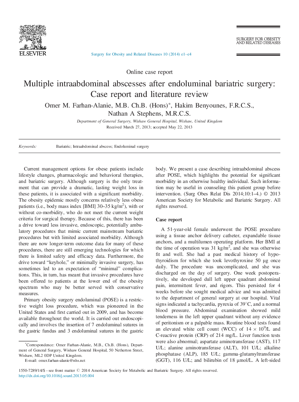 Multiple intraabdominal abscesses after endoluminal bariatric surgery: Case report and literature review