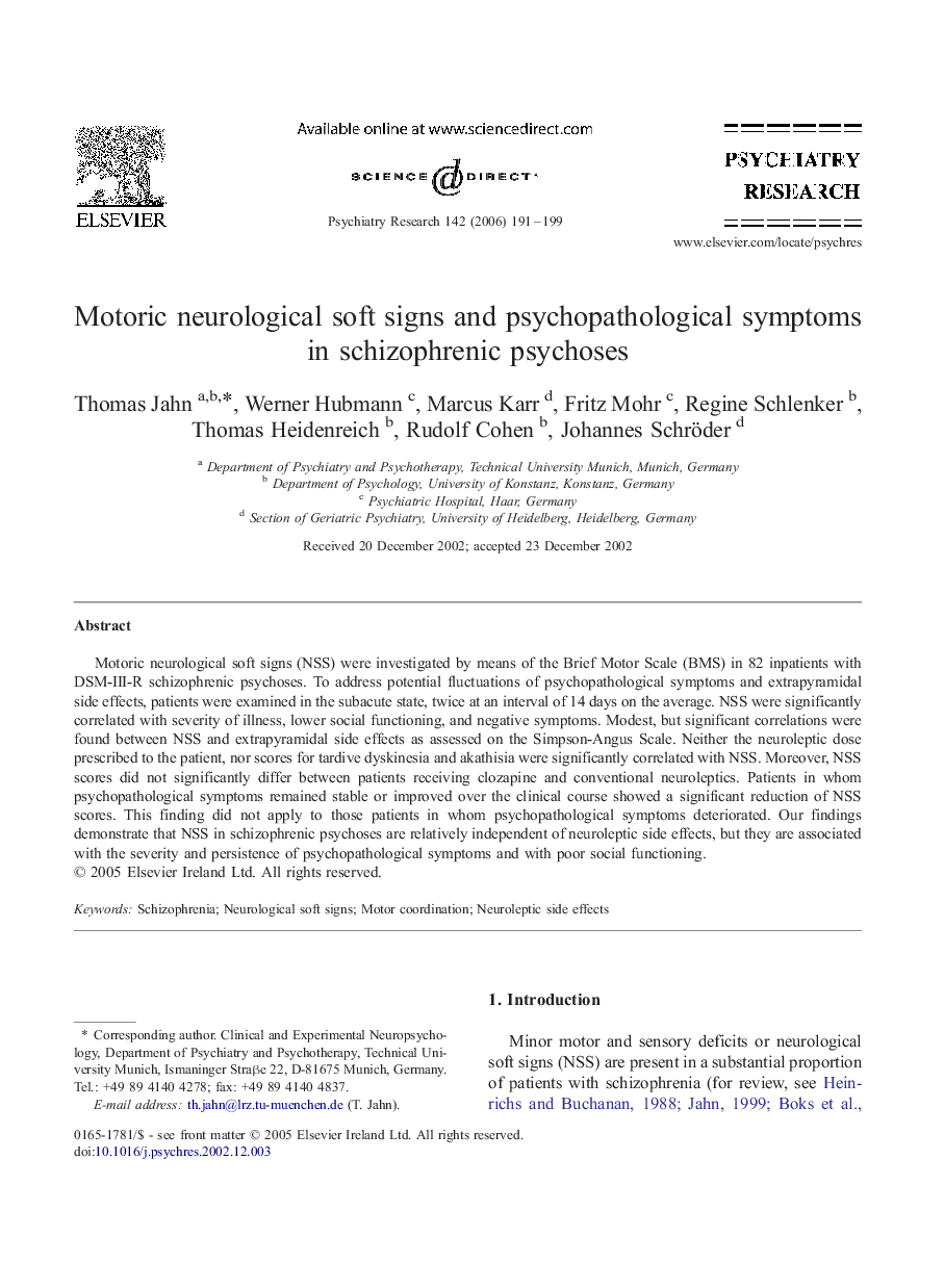 Motoric neurological soft signs and psychopathological symptoms in schizophrenic psychoses