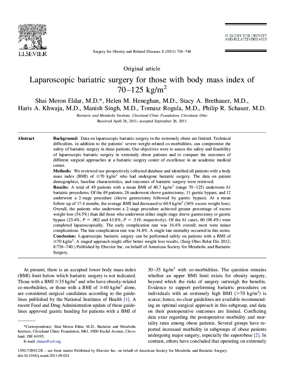 Laparoscopic bariatric surgery for those with body mass index of 70-125 kg/m2