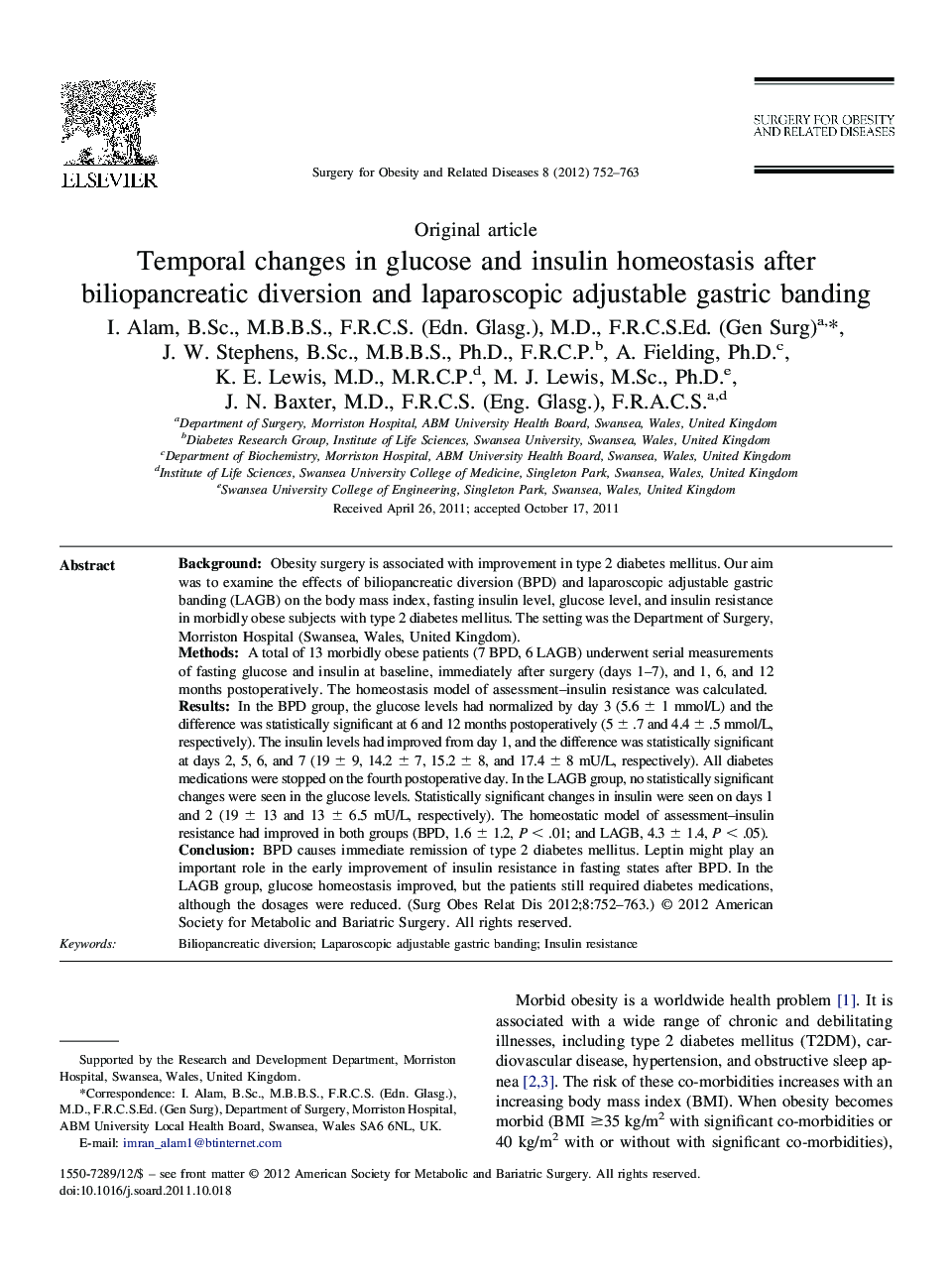 Temporal changes in glucose and insulin homeostasis after biliopancreatic diversion and laparoscopic adjustable gastric banding