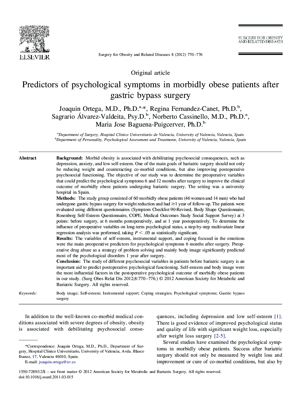 Predictors of psychological symptoms in morbidly obese patients after gastric bypass surgery