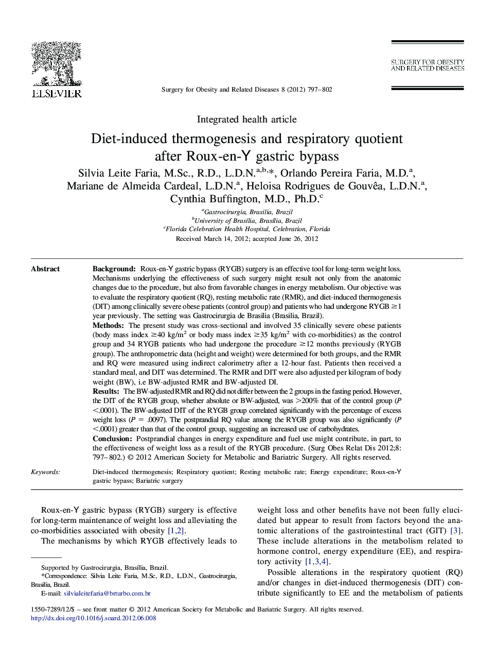 Diet-induced thermogenesis and respiratory quotient after Roux-en-Y gastric bypass