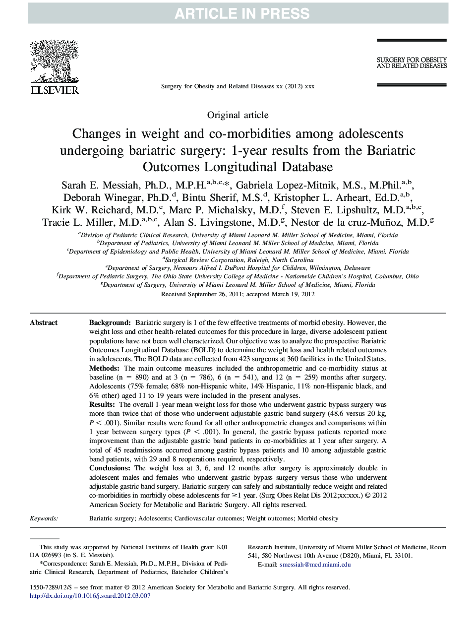 عکس صفحه اول مقاله: Changes in weight and co-morbidities among adolescents undergoing bariatric surgery: 1-year results from the Bariatric Outcomes Longitudinal Database Changes in weight and co-morbidities among adolescents undergoing bariatric surgery: 1-year results from the Bariatric Outcomes Longitudinal Database