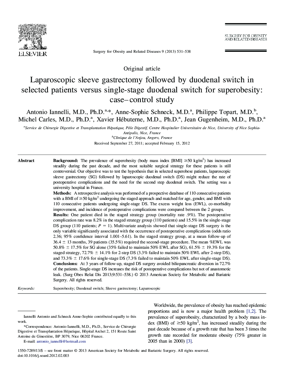 Laparoscopic sleeve gastrectomy followed by duodenal switch in selected patients versus single-stage duodenal switch for superobesity: case-control study