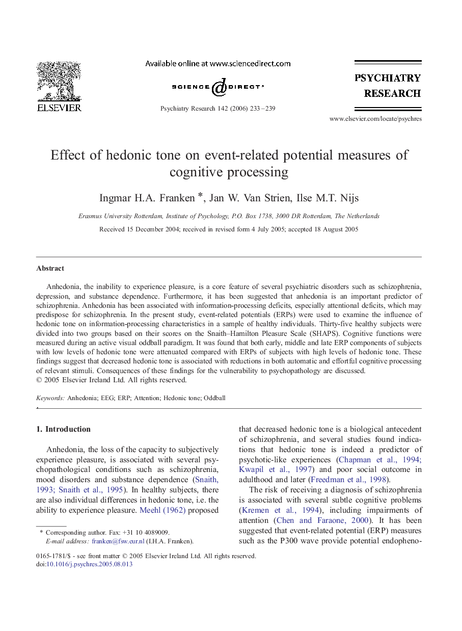 Effect of hedonic tone on event-related potential measures of cognitive processing