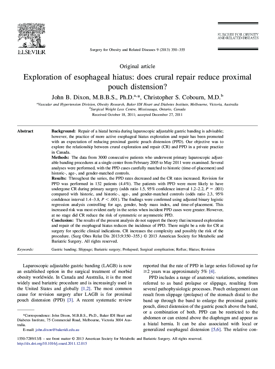 Exploration of esophageal hiatus: does crural repair reduce proximal pouch distension?