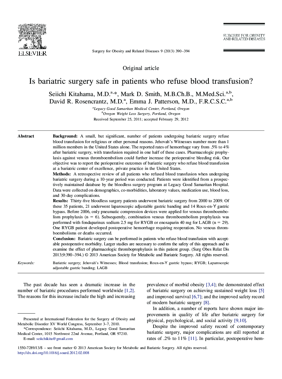 Is bariatric surgery safe in patients who refuse blood transfusion?