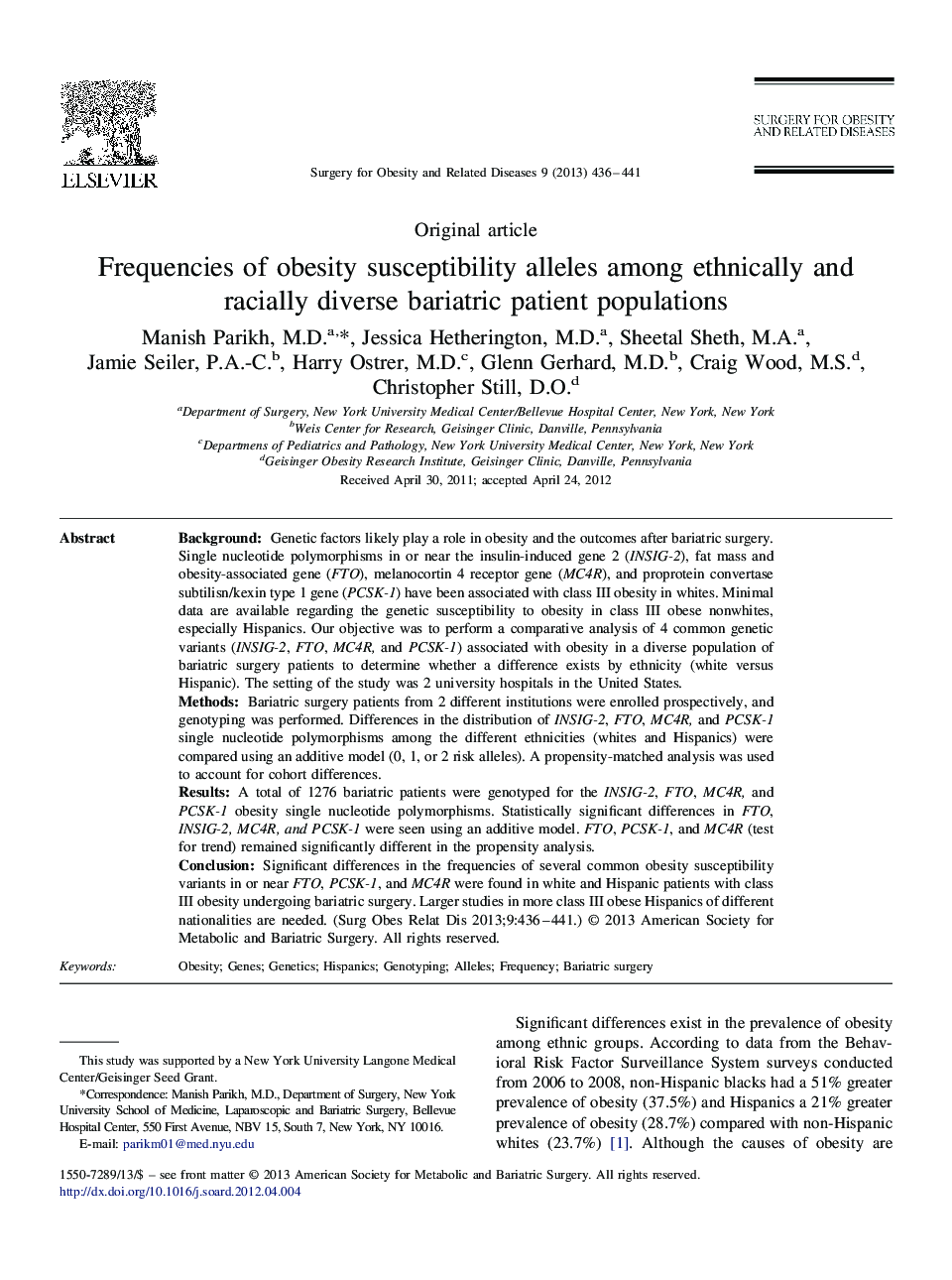 Frequencies of obesity susceptibility alleles among ethnically and racially diverse bariatric patient populations