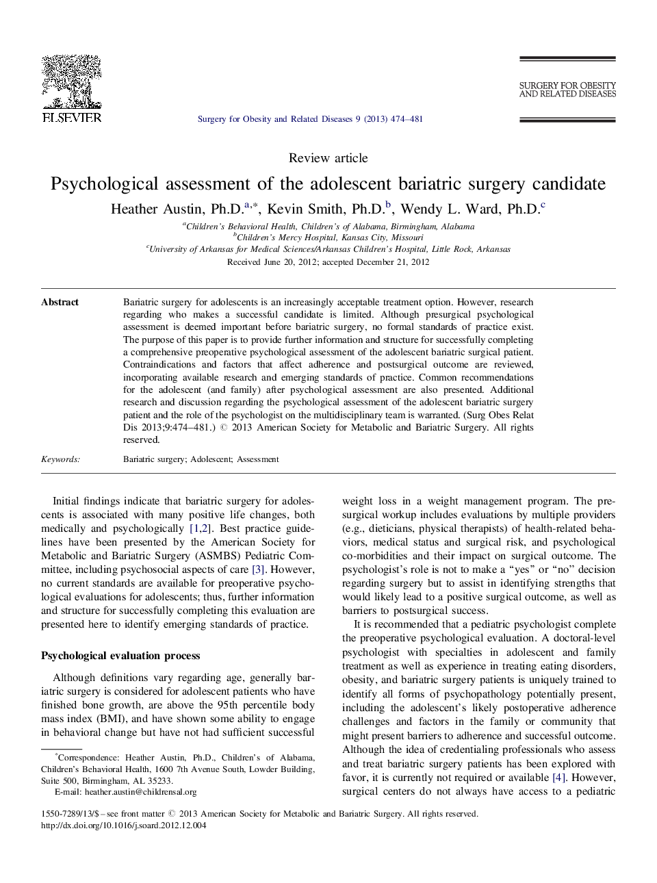 عکس صفحه اول مقاله: Psychological assessment of the adolescent bariatric surgery candidate Psychological assessment of the adolescent bariatric surgery candidate