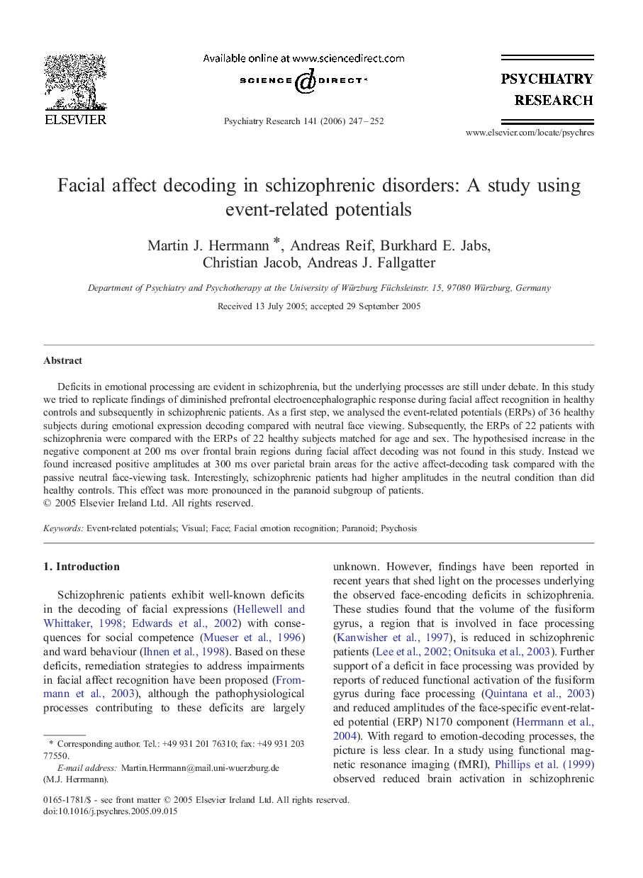 Facial affect decoding in schizophrenic disorders: A study using event-related potentials