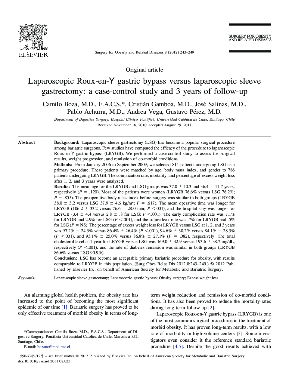 Laparoscopic Roux-en-Y gastric bypass versus laparoscopic sleeve gastrectomy: a case-control study and 3 years of follow-up