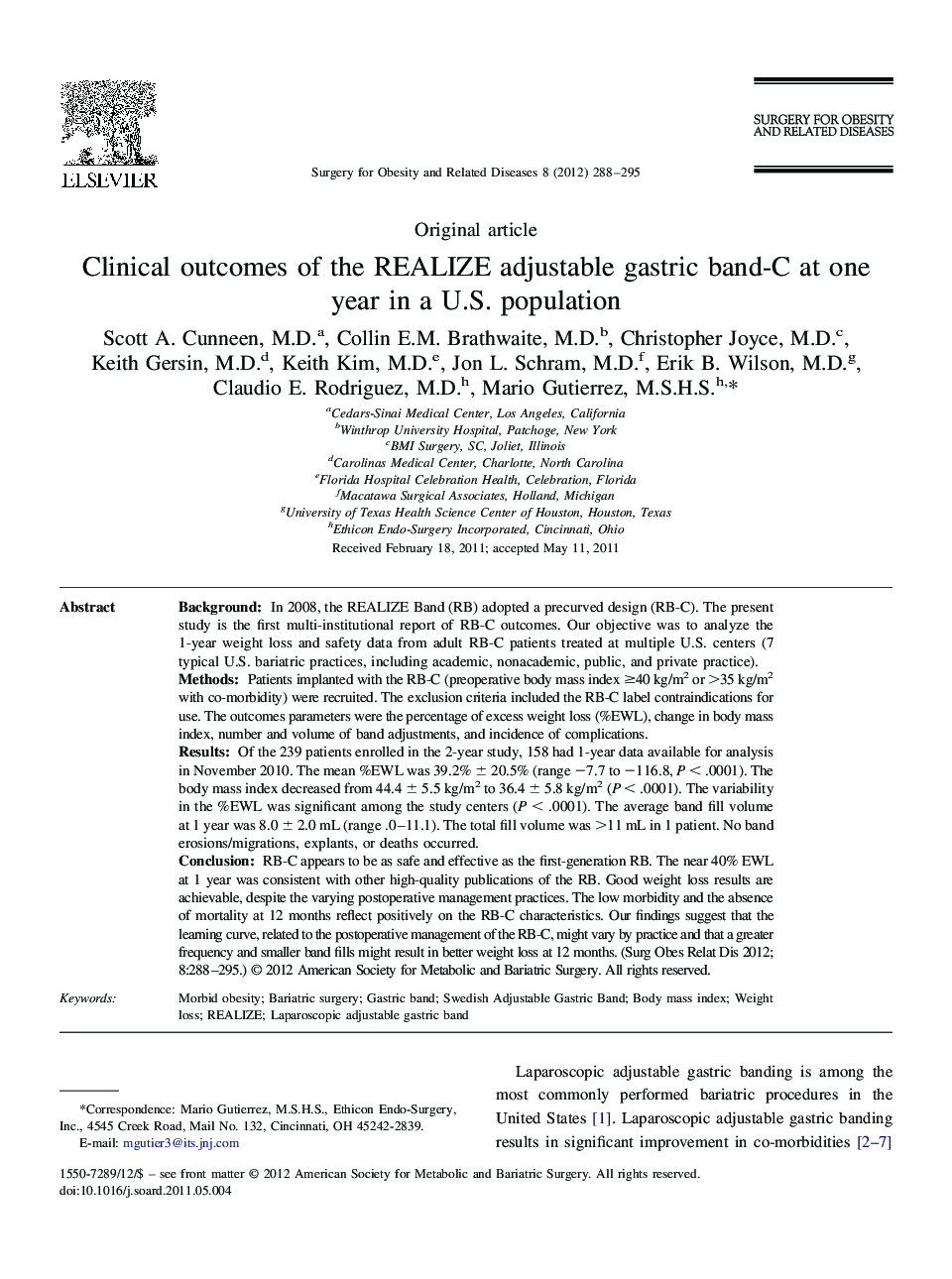 Clinical outcomes of the REALIZE adjustable gastric band-C at one year in a U.S. population