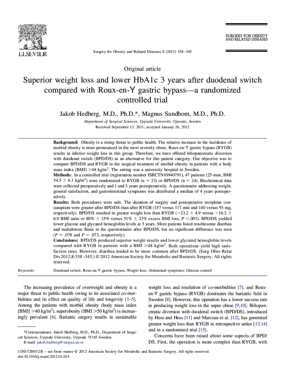 Superior weight loss and lower HbA1c 3 years after duodenal switch compared with Roux-en-Y gastric bypass-a randomized controlled trial