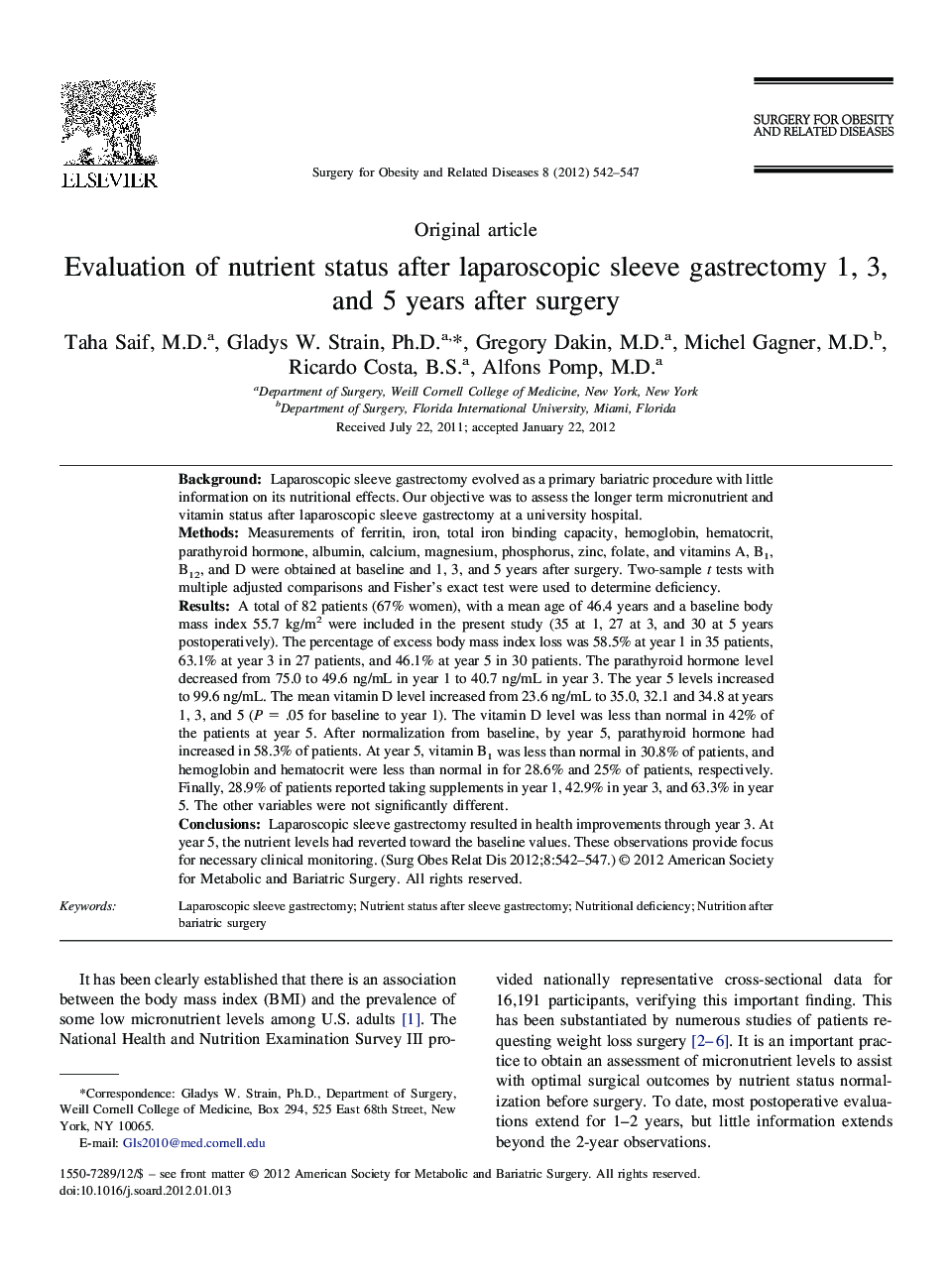 Evaluation of nutrient status after laparoscopic sleeve gastrectomy 1, 3, and 5 years after surgery