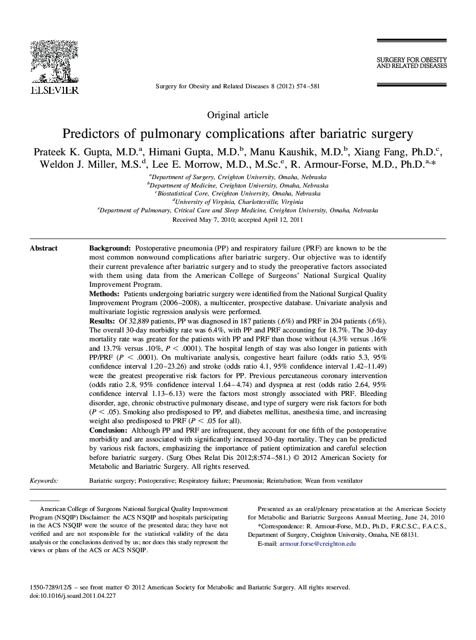 Predictors of pulmonary complications after bariatric surgery