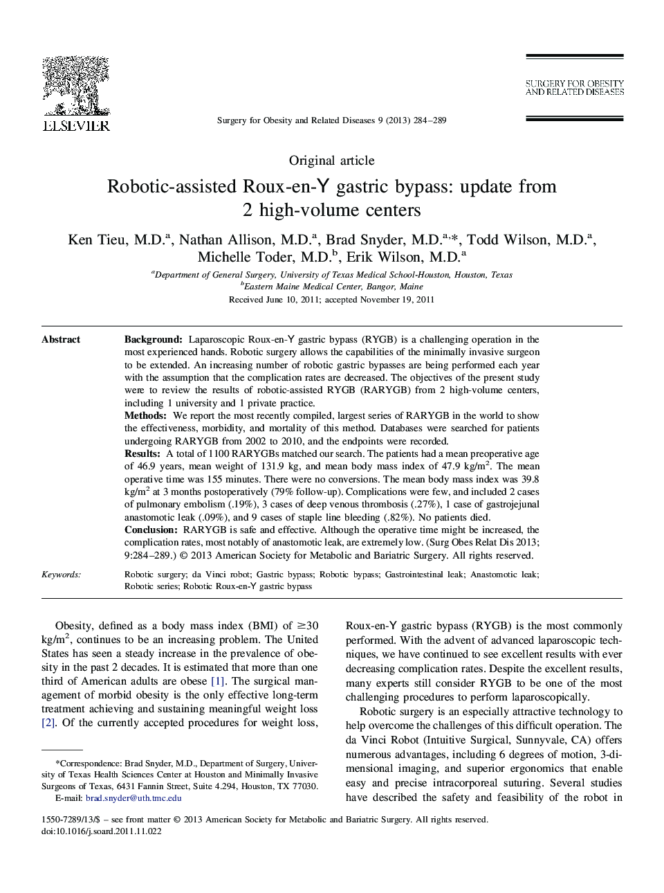 Robotic-assisted Roux-en-Y gastric bypass: update from 2 high-volume centers