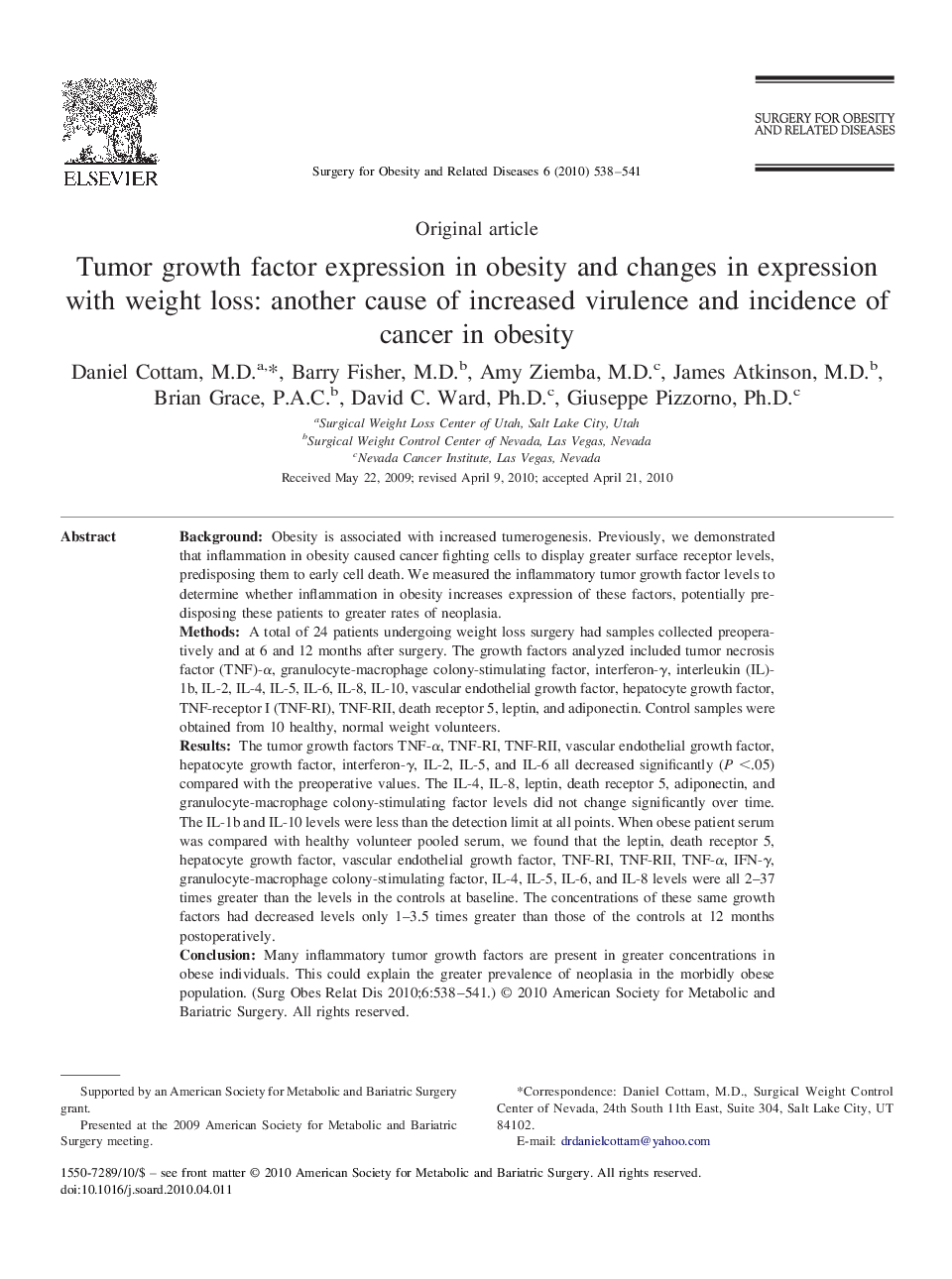 Tumor growth factor expression in obesity and changes in expression with weight loss: another cause of increased virulence and incidence of cancer in obesity