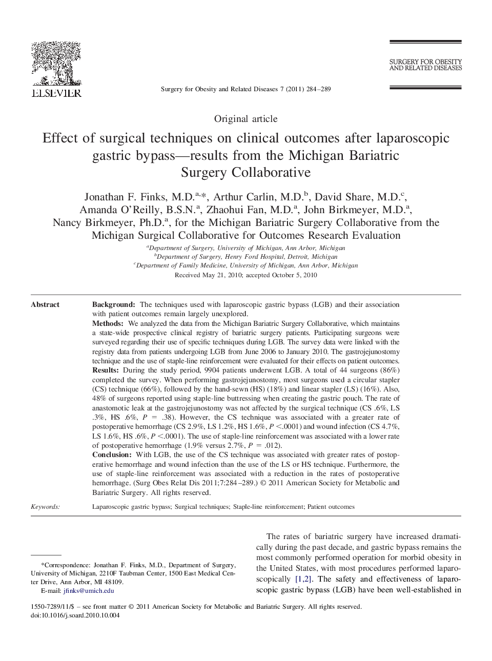 Effect of surgical techniques on clinical outcomes after laparoscopic gastric bypass-results from the Michigan Bariatric Surgery Collaborative