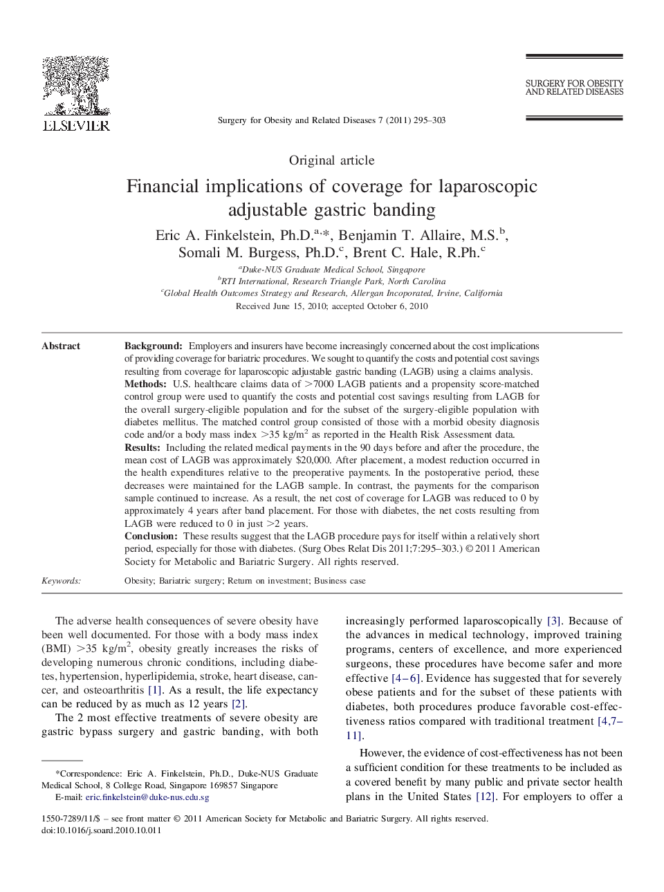 Financial implications of coverage for laparoscopic adjustable gastric banding