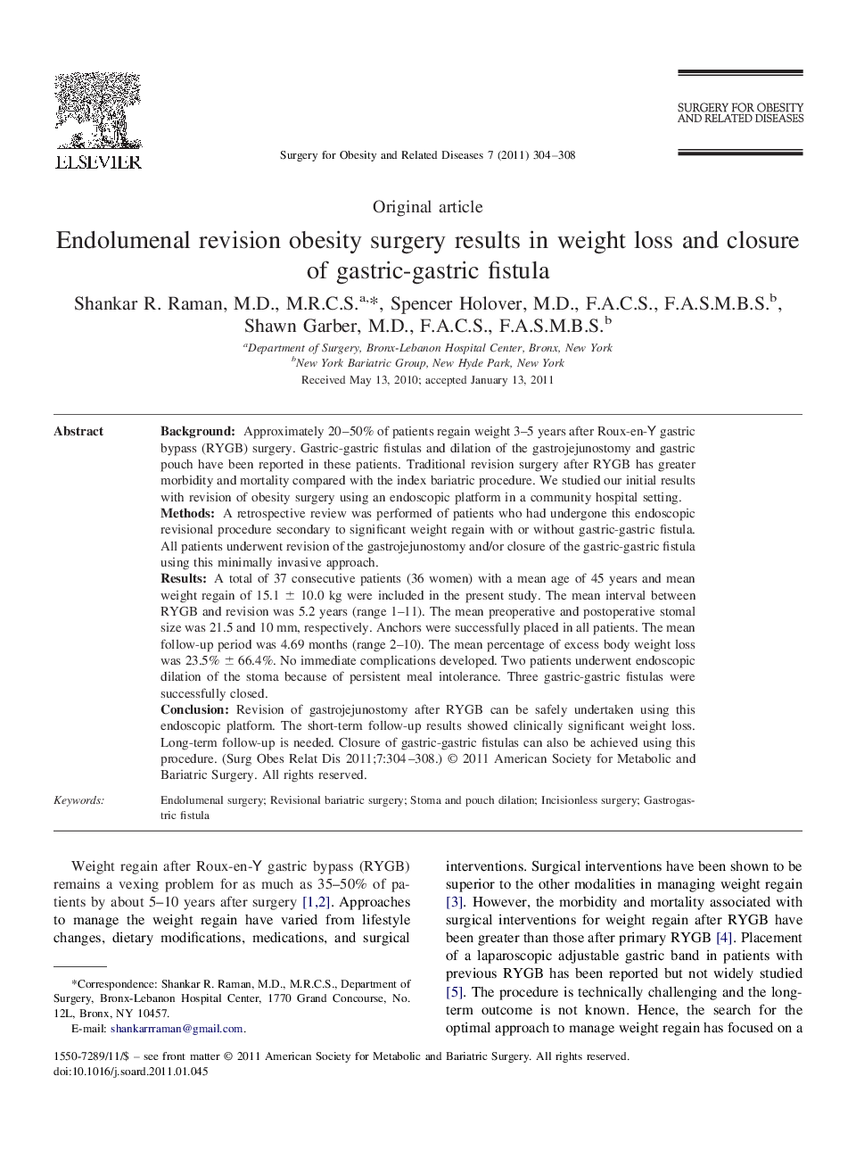 عکس صفحه اول مقاله: Endolumenal revision obesity surgery results in weight loss and closure of gastric-gastric fistula Endolumenal revision obesity surgery results in weight loss and closure of gastric-gastric fistula