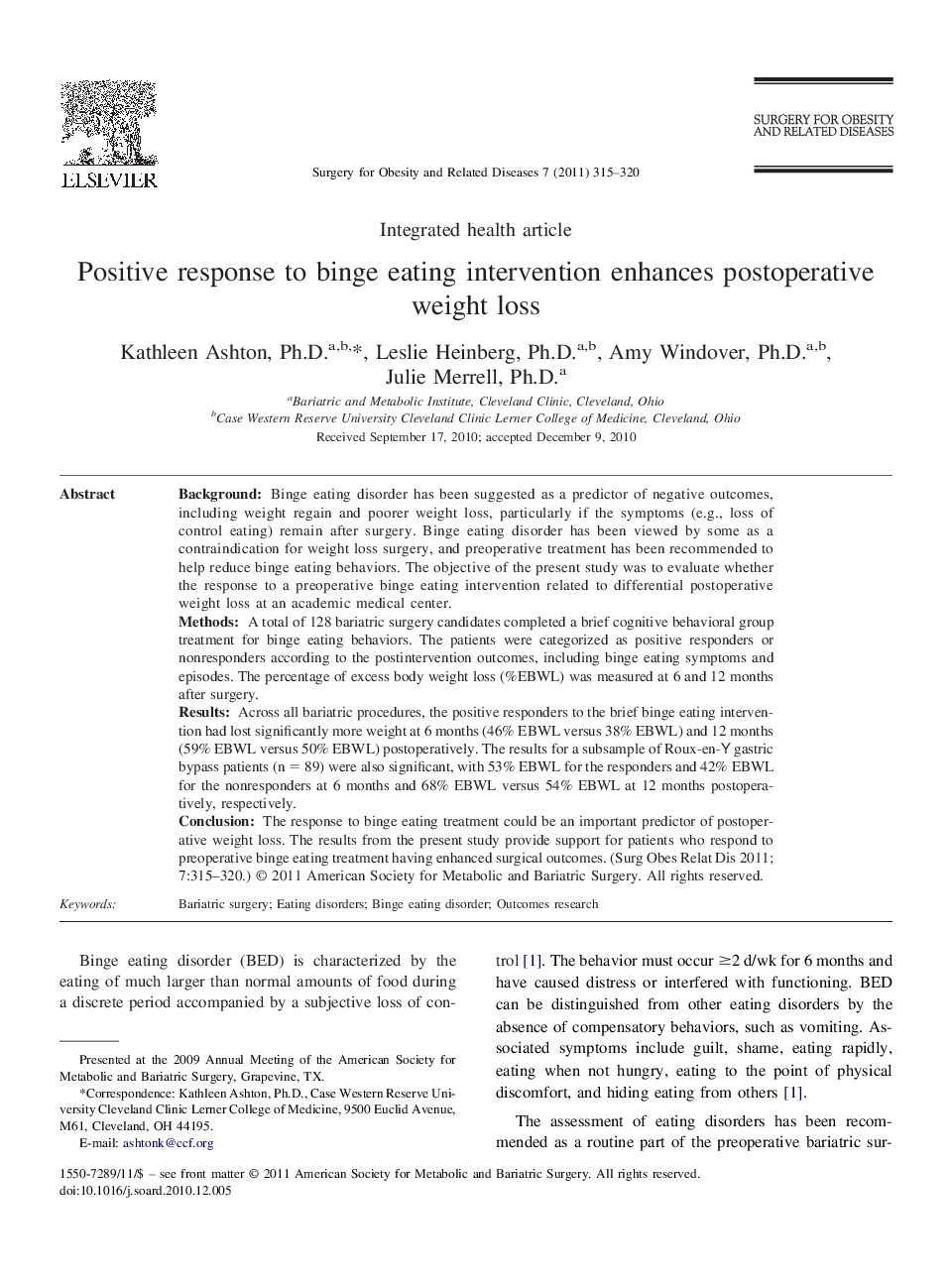 Positive response to binge eating intervention enhances postoperative weight loss