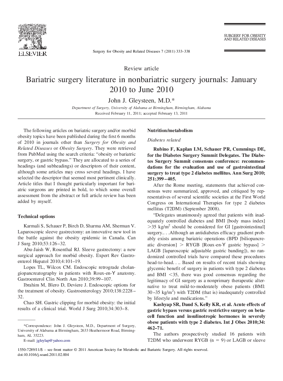 عکس صفحه اول مقاله: Bariatric surgery literature in nonbariatric surgery journals: January 2010 to June 2010 Bariatric surgery literature in nonbariatric surgery journals: January 2010 to June 2010