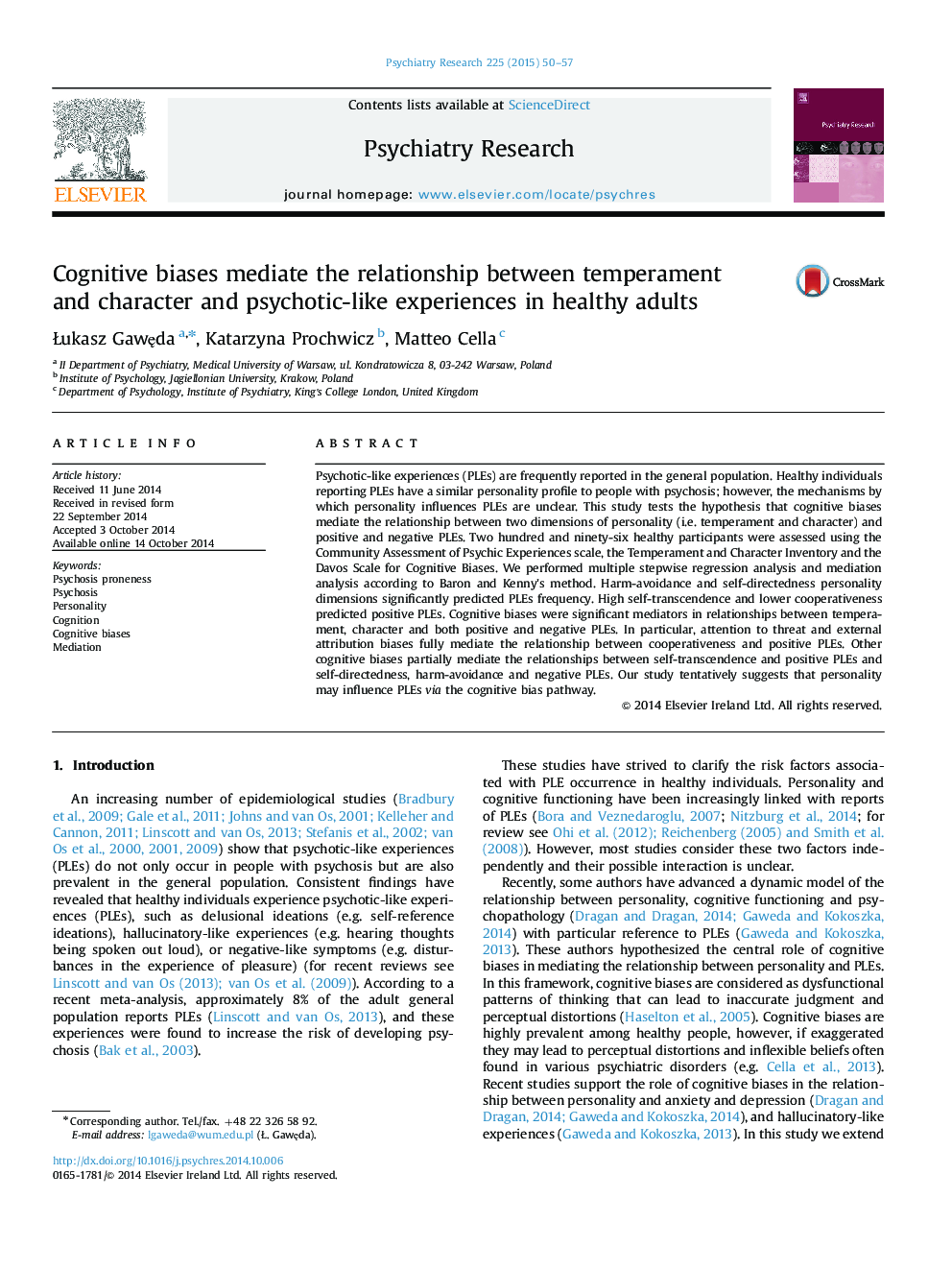 Cognitive biases mediate the relationship between temperament and character and psychotic-like experiences in healthy adults