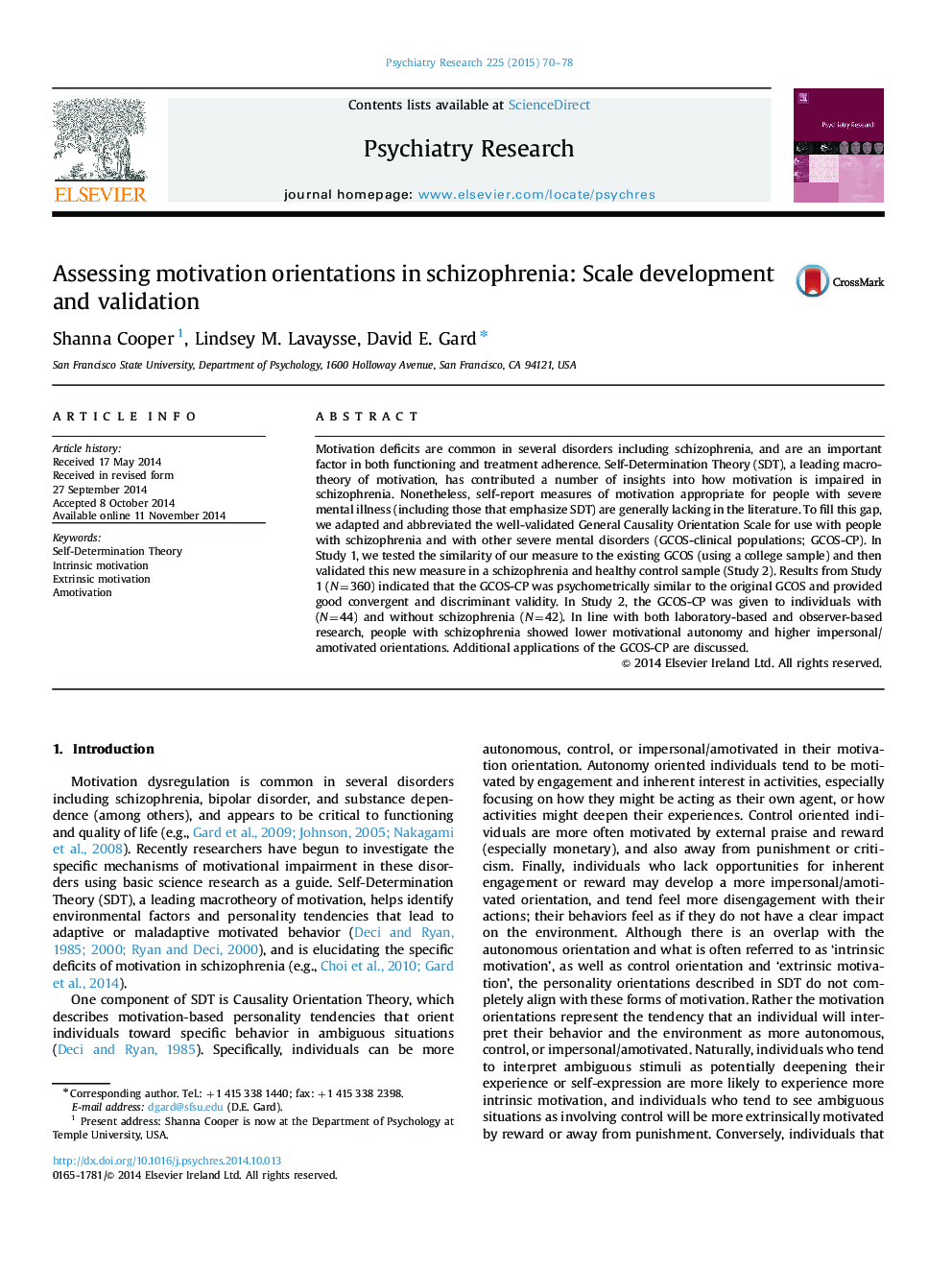 Assessing motivation orientations in schizophrenia: Scale development and validation