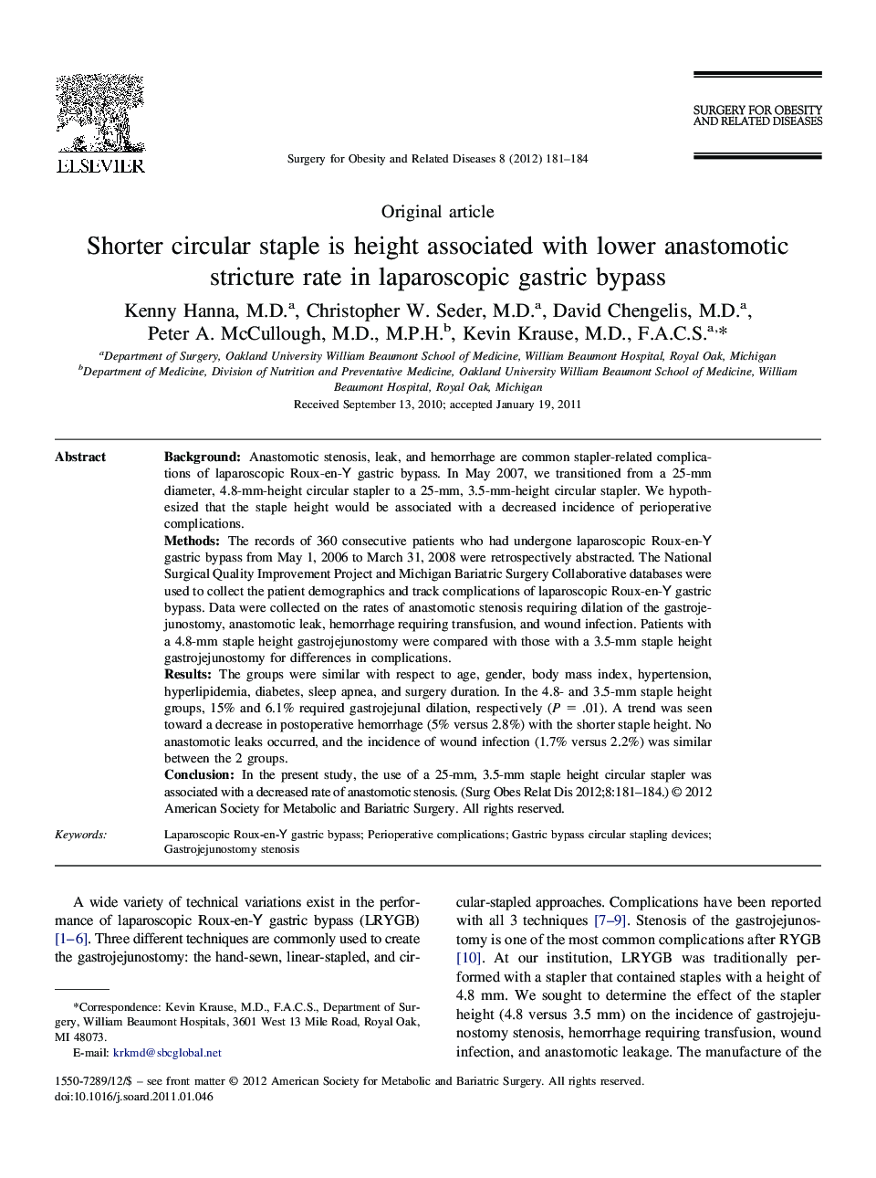 عکس صفحه اول مقاله: Shorter circular staple is height associated with lower anastomotic stricture rate in laparoscopic gastric bypass Shorter circular staple is height associated with lower anastomotic stricture rate in laparoscopic gastric bypass
