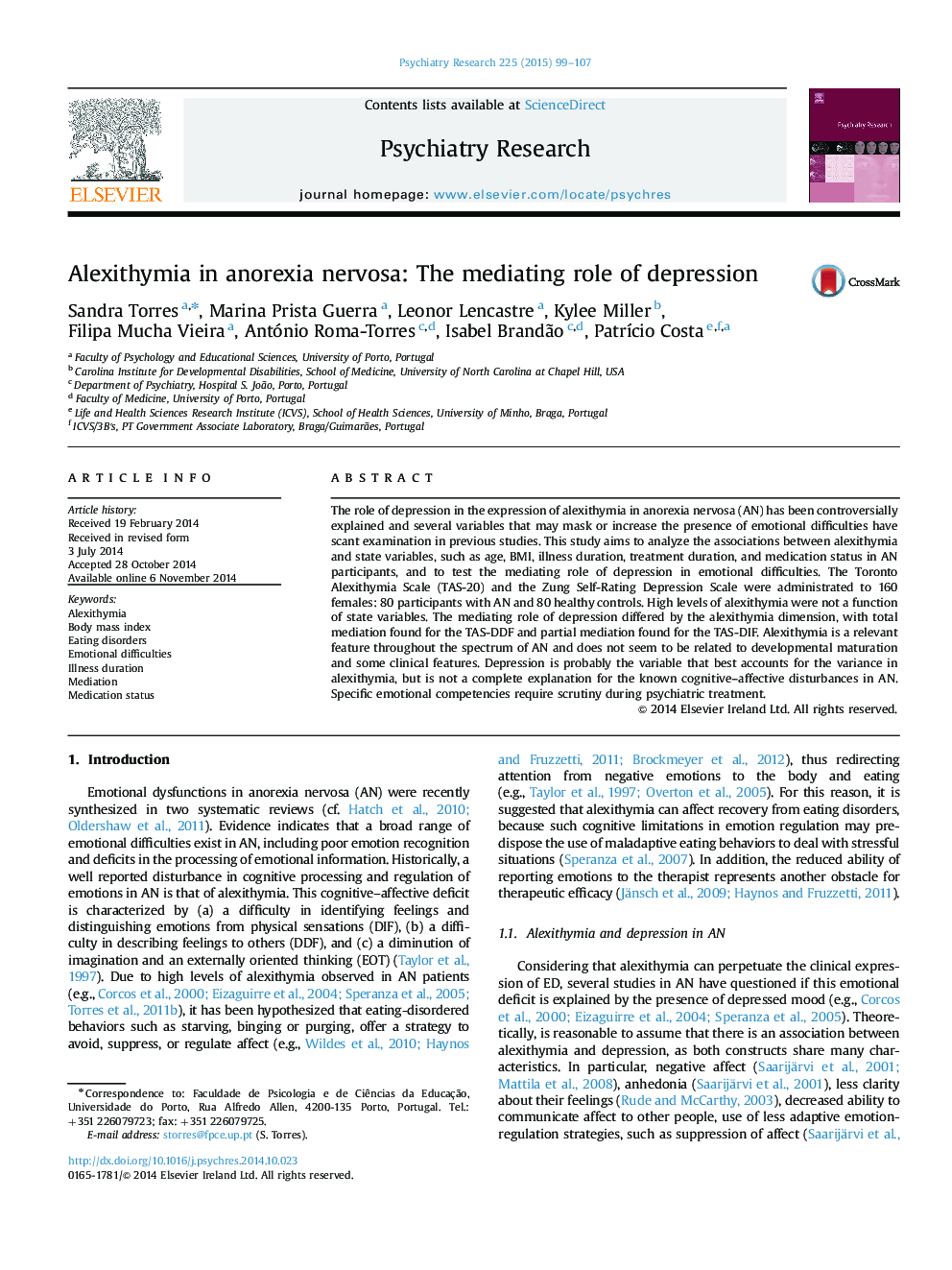 Alexithymia in anorexia nervosa: The mediating role of depression