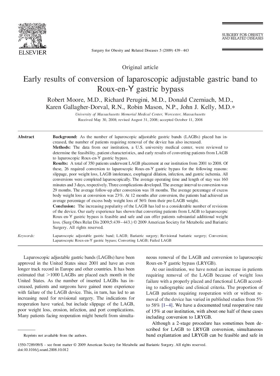 Early results of conversion of laparoscopic adjustable gastric band to Roux-en-Y gastric bypass