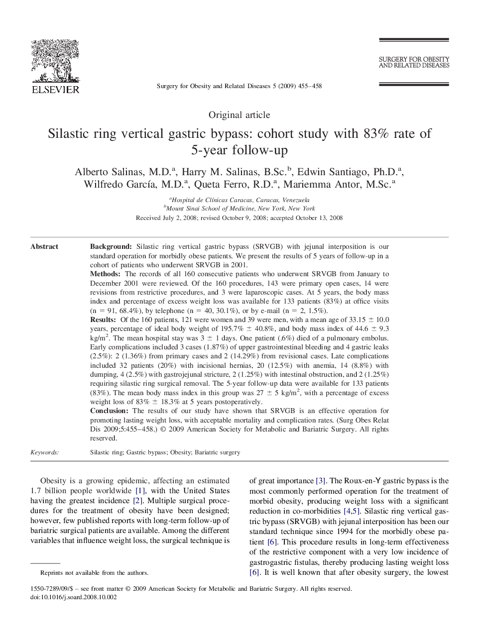 Silastic ring vertical gastric bypass: cohort study with 83% rate of 5-year follow-up