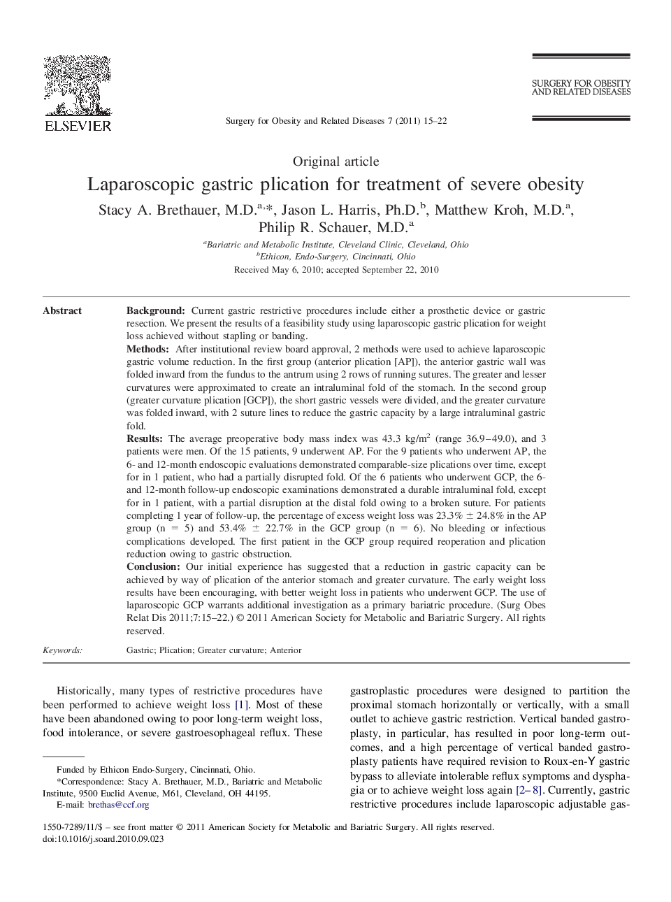 عکس صفحه اول مقاله: Laparoscopic gastric plication for treatment of severe obesity Laparoscopic gastric plication for treatment of severe obesity
