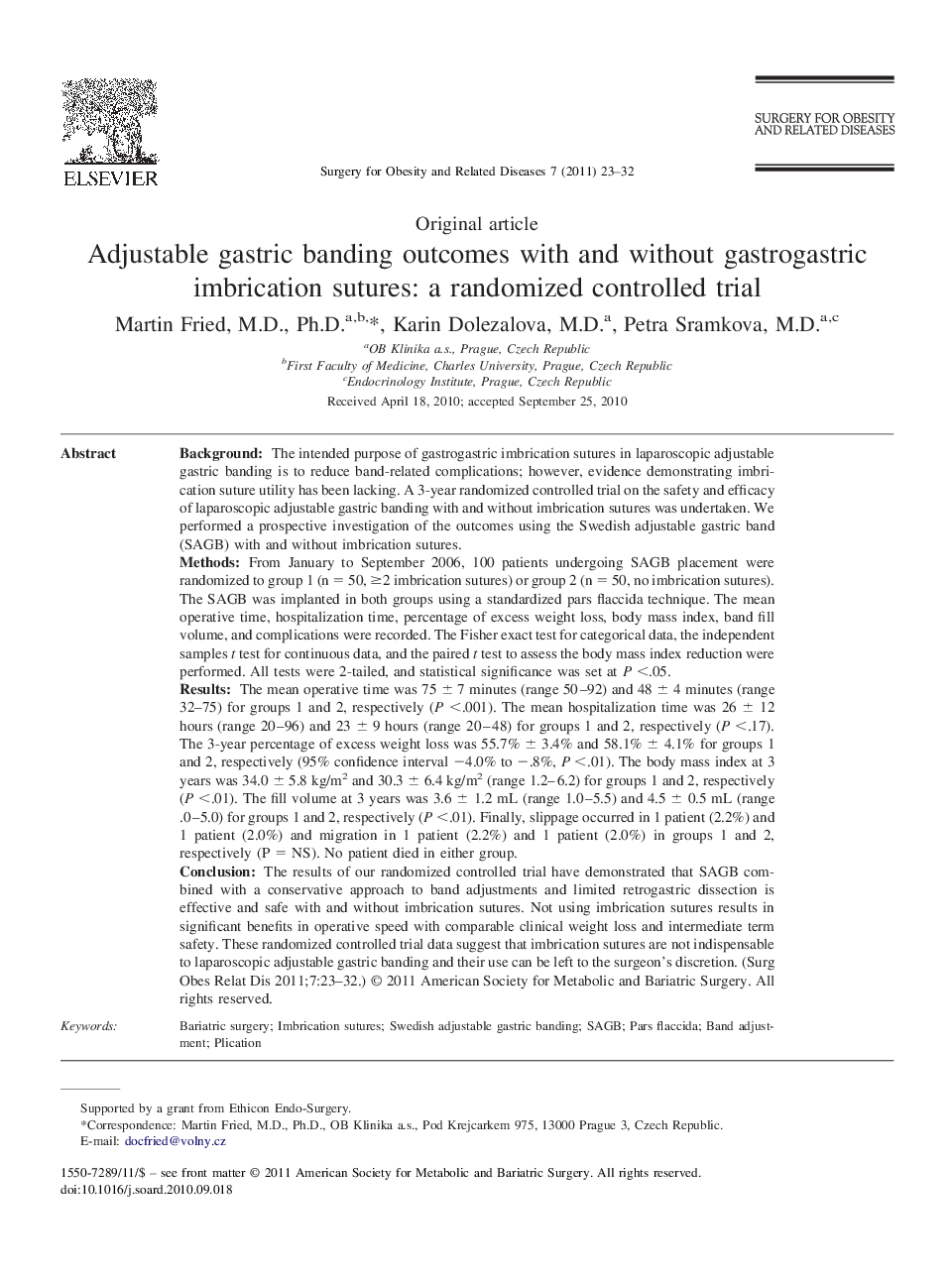 عکس صفحه اول مقاله: Adjustable gastric banding outcomes with and without gastrogastric imbrication sutures: a randomized controlled trial Adjustable gastric banding outcomes with and without gastrogastric imbrication sutures: a randomized controlled trial