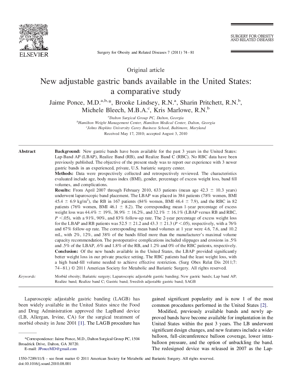 New adjustable gastric bands available in the United States: a comparative study