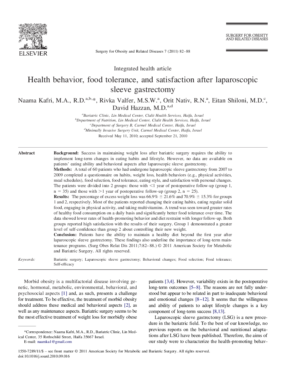 Health behavior, food tolerance, and satisfaction after laparoscopic sleeve gastrectomy