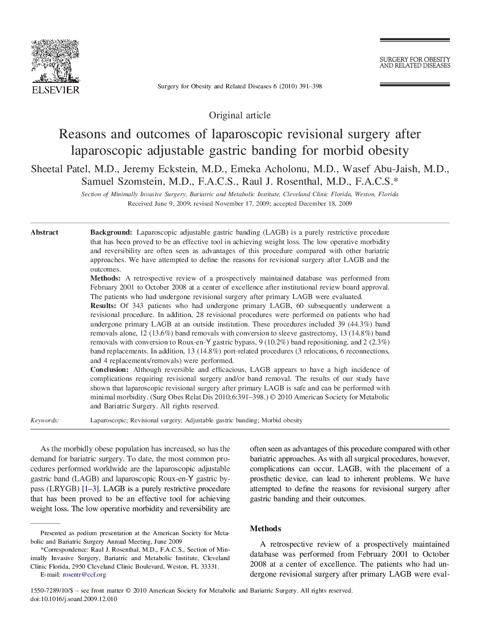 Reasons and outcomes of laparoscopic revisional surgery after laparoscopic adjustable gastric banding for morbid obesity