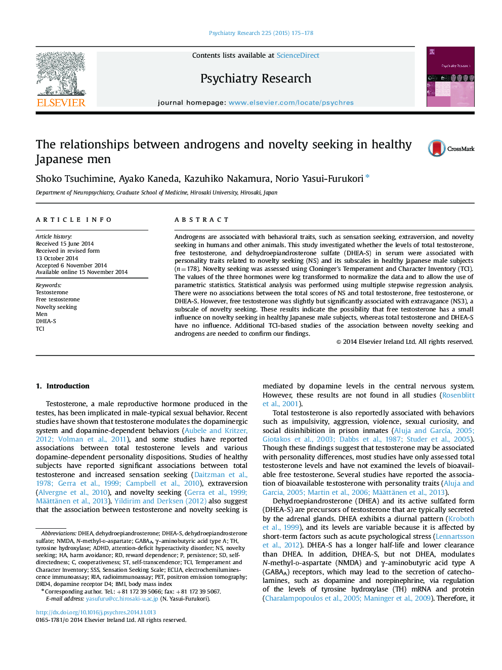 The relationships between androgens and novelty seeking in healthy Japanese men