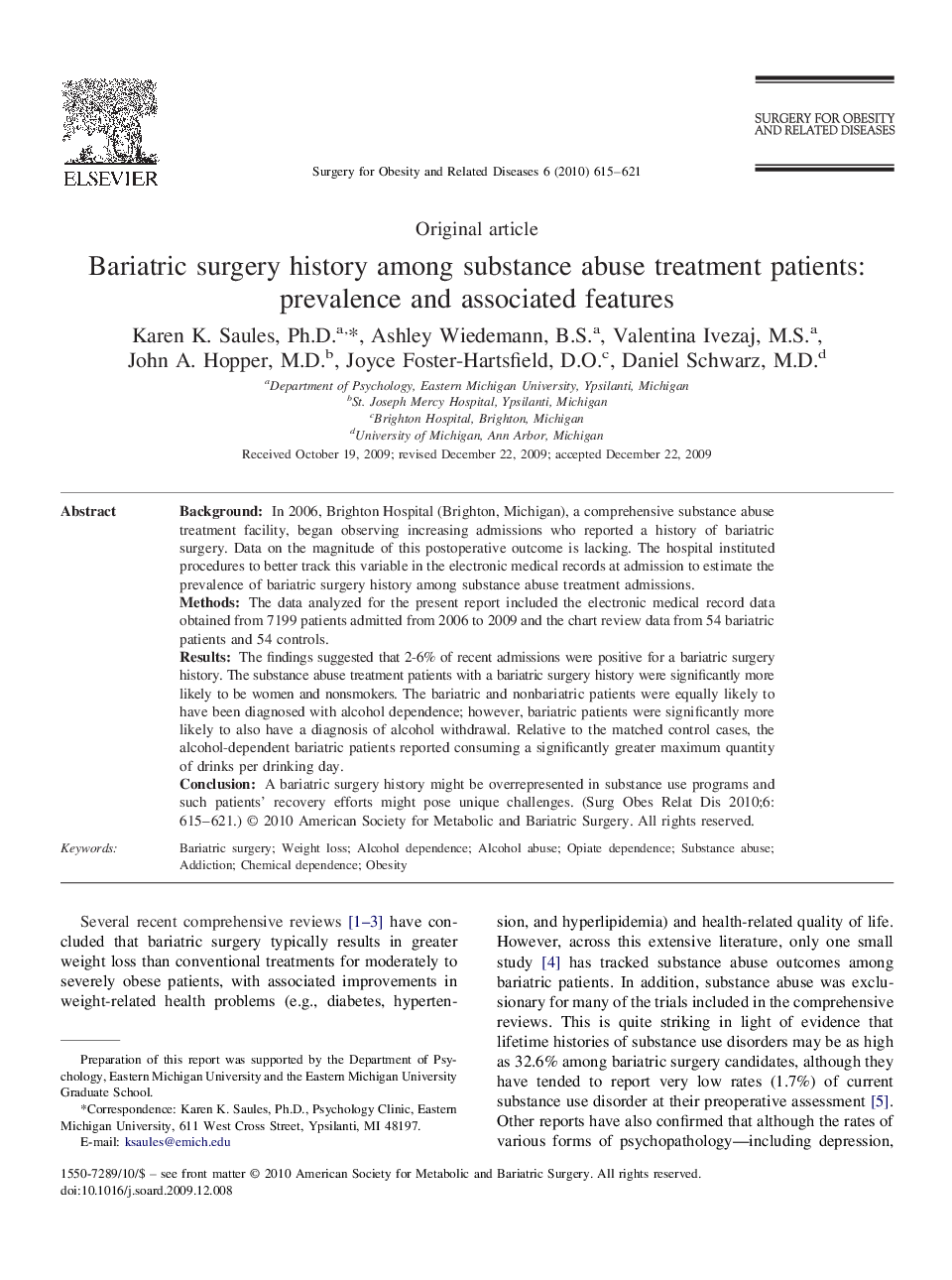 عکس صفحه اول مقاله: Bariatric surgery history among substance abuse treatment patients: prevalence and associated features Bariatric surgery history among substance abuse treatment patients: prevalence and associated features
