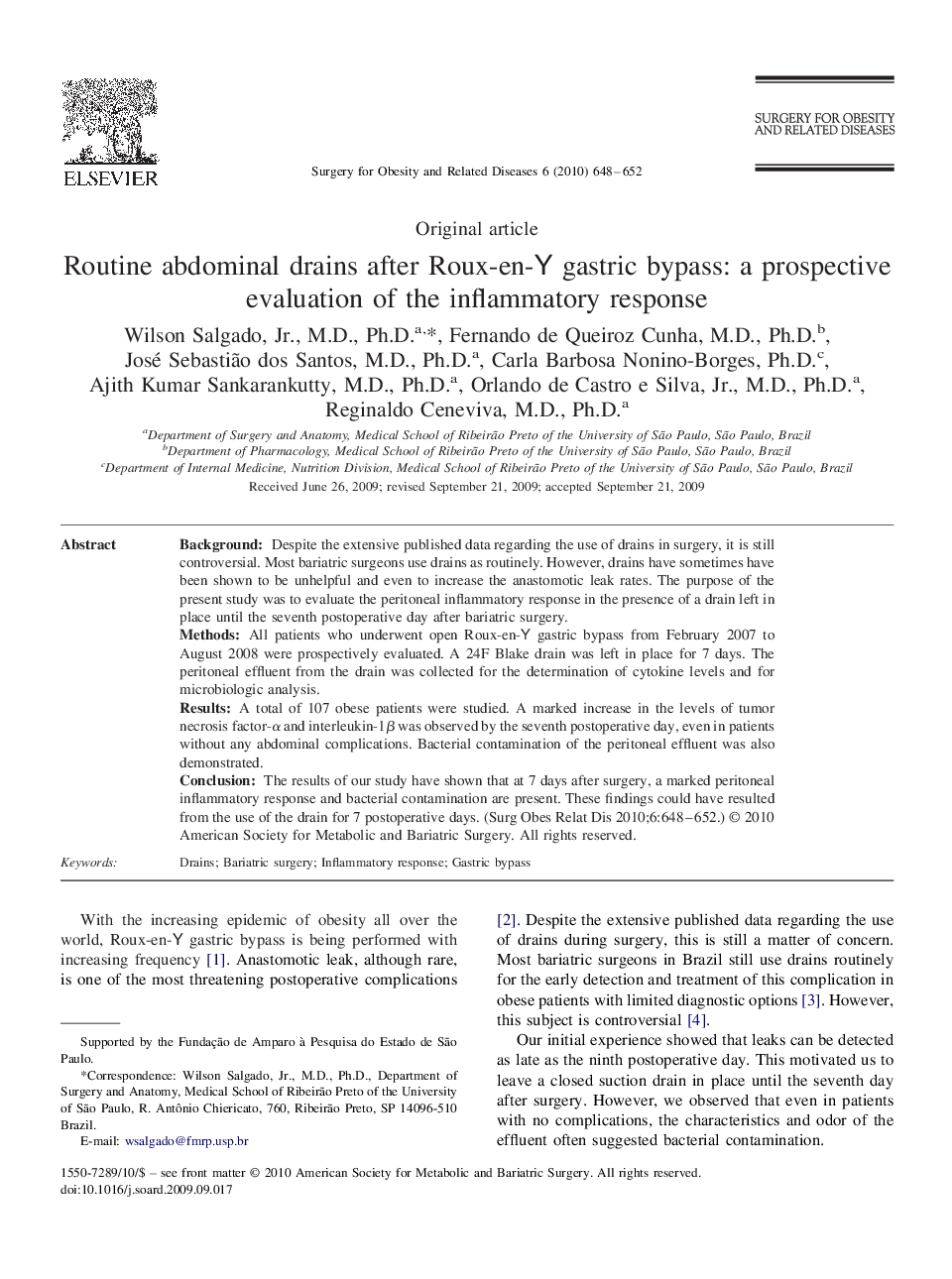 Routine abdominal drains after Roux-en-Y gastric bypass: a prospective evaluation of the inflammatory response