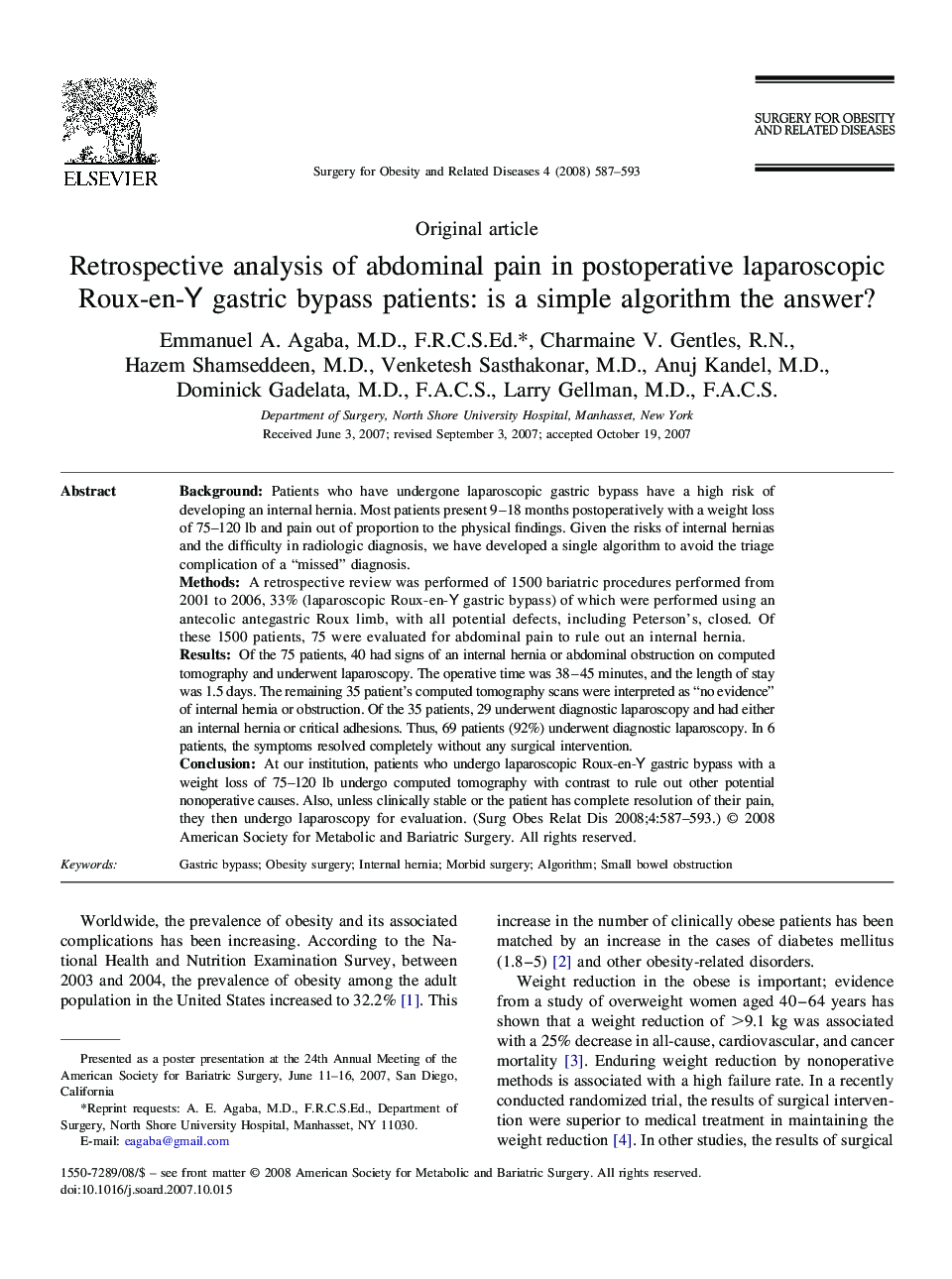 Retrospective analysis of abdominal pain in postoperative laparoscopic Roux-en-Y gastric bypass patients: is a simple algorithm the answer?