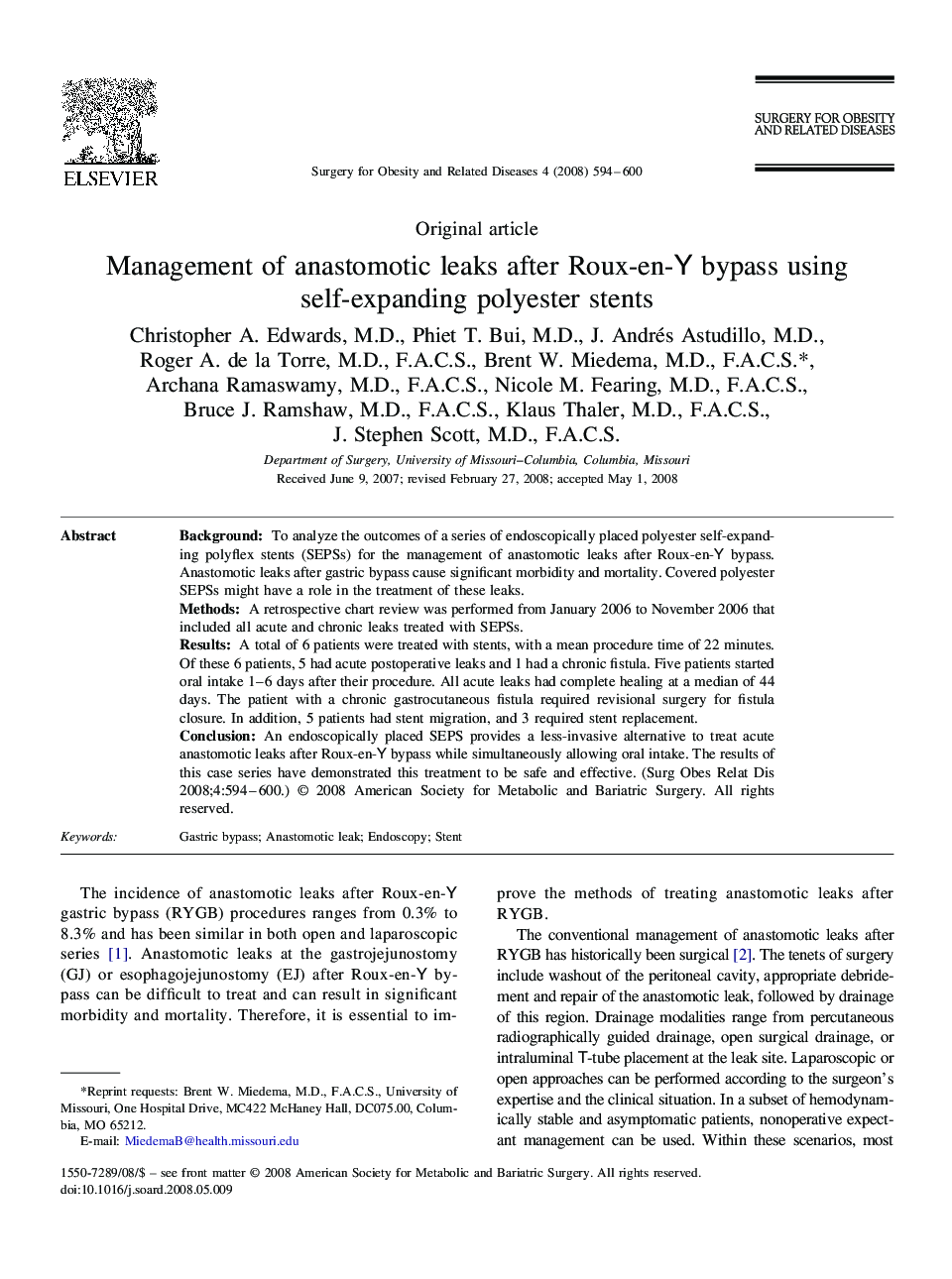 Management of anastomotic leaks after Roux-en-Y bypass using self-expanding polyester stents