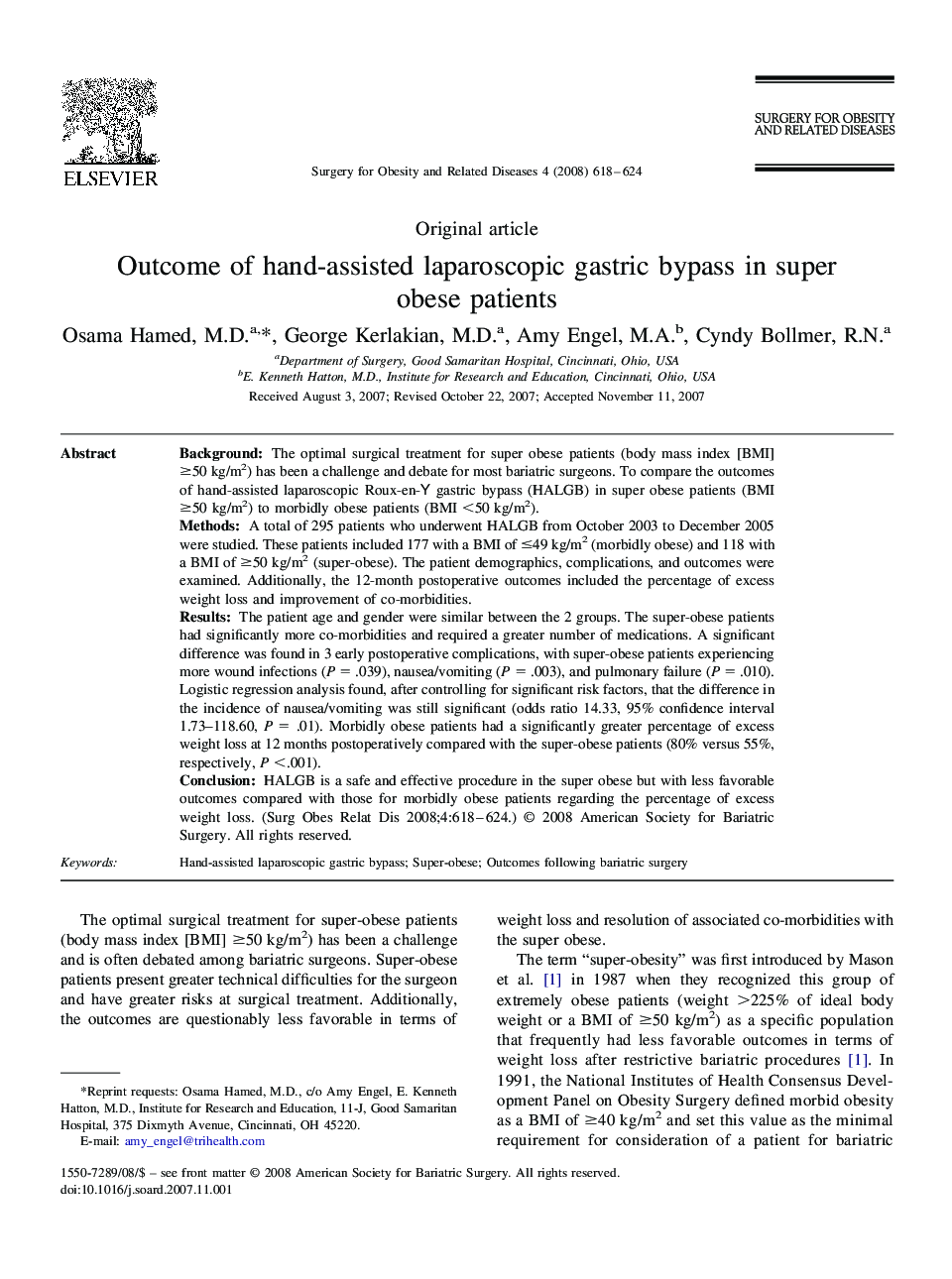 Outcome of hand-assisted laparoscopic gastric bypass in super obese patients