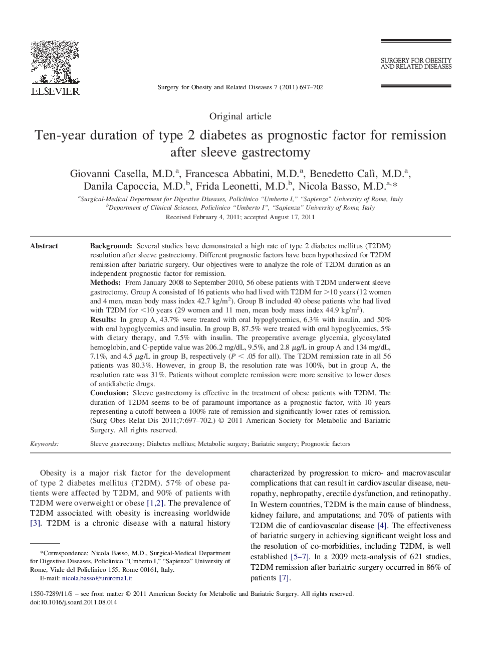 Ten-year duration of type 2 diabetes as prognostic factor for remission after sleeve gastrectomy