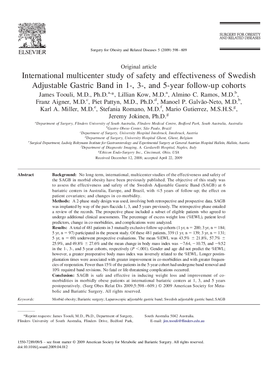 International multicenter study of safety and effectiveness of Swedish Adjustable Gastric Band in 1-, 3-, and 5-year follow-up cohorts